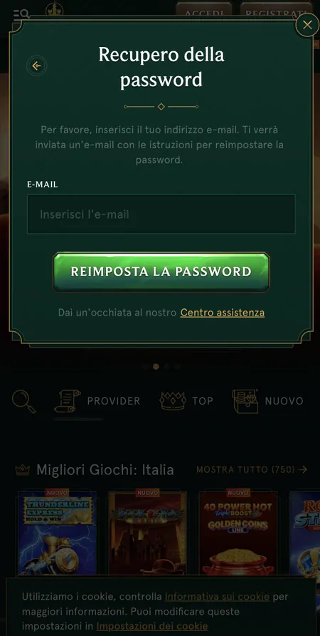 Modulo di recupero password Casinia con campo email