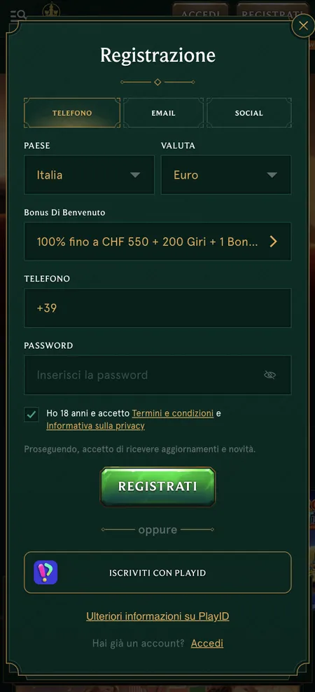 Modulo di registrazione Casinia con selezione bonus benvenuto